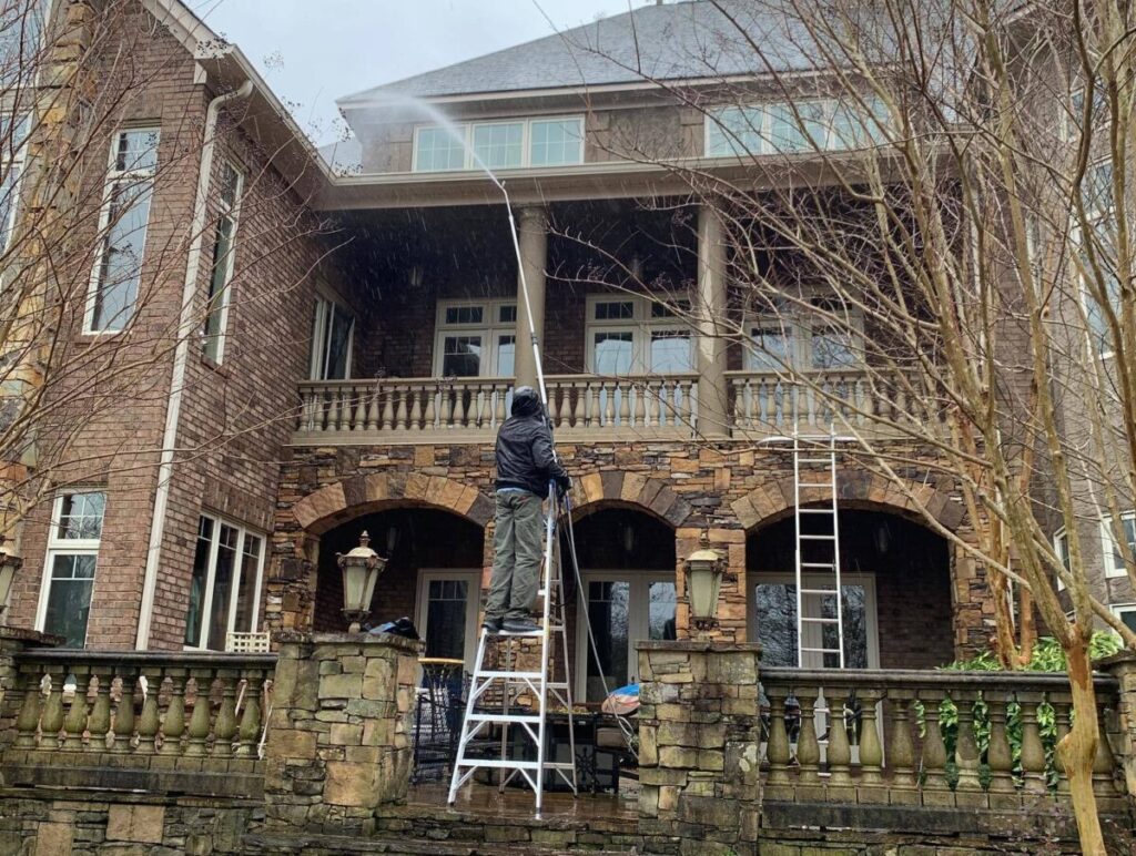 A local South Carolina residence while it's being power washed by Cola Wash Pros